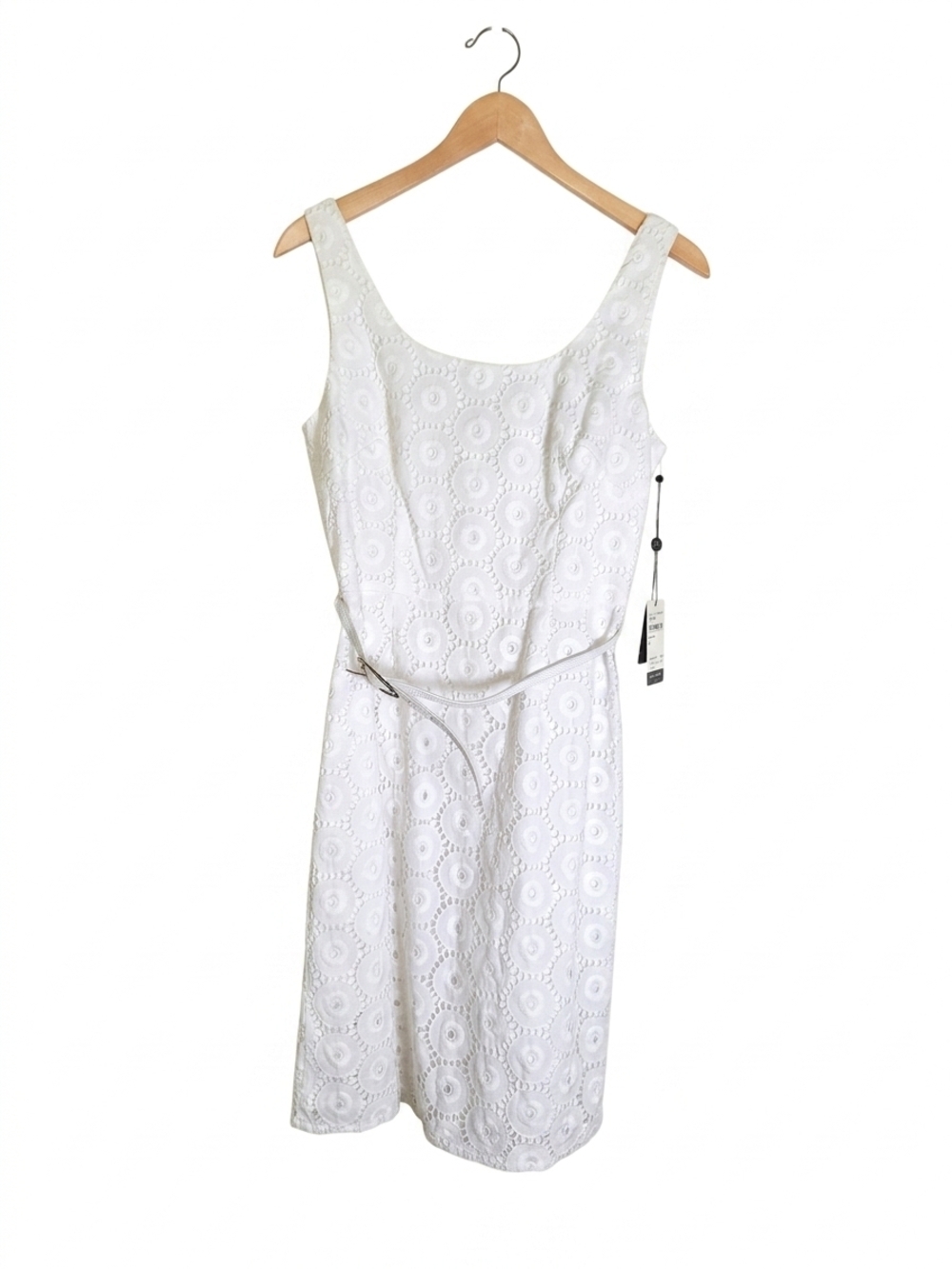 Adrianna Papell White Eyelet Sleeveless Midi Dress with Belt